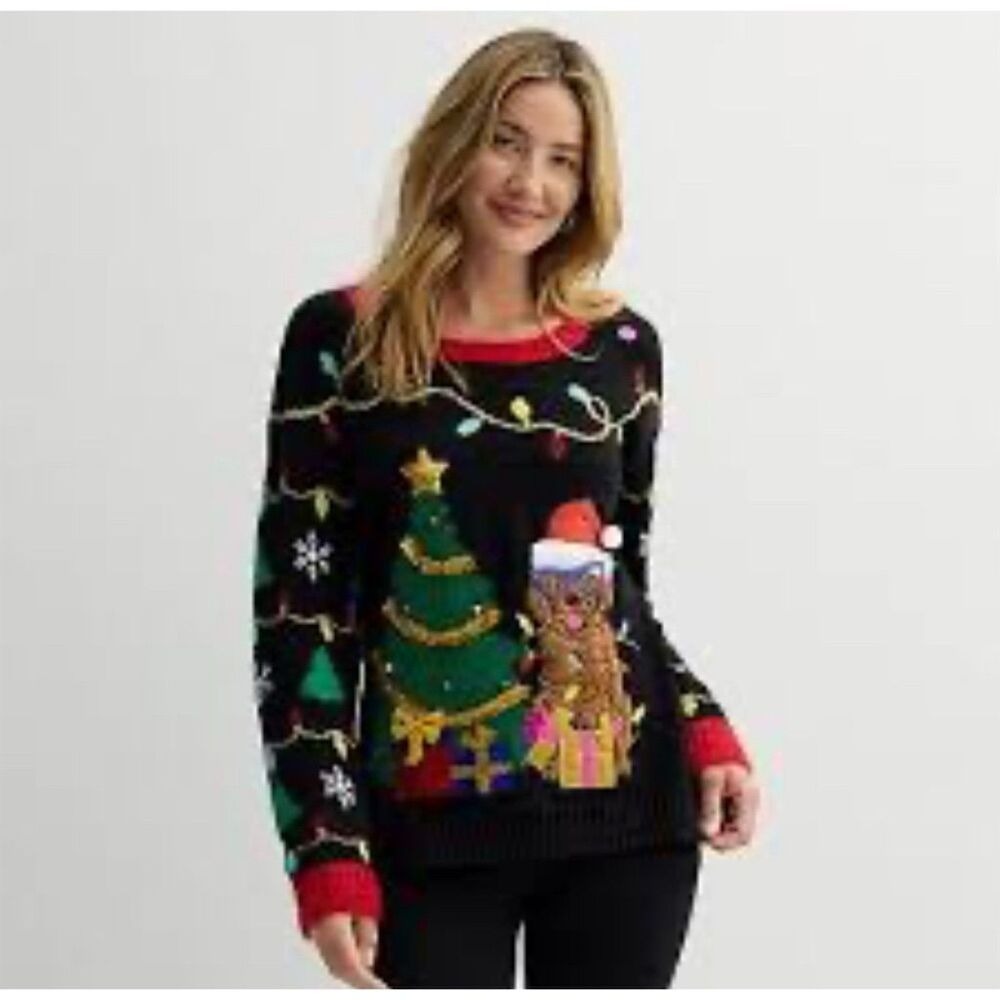 Jollidays Christmas Sweater Women XS Black Dog Tree Sequin Metallic Knit